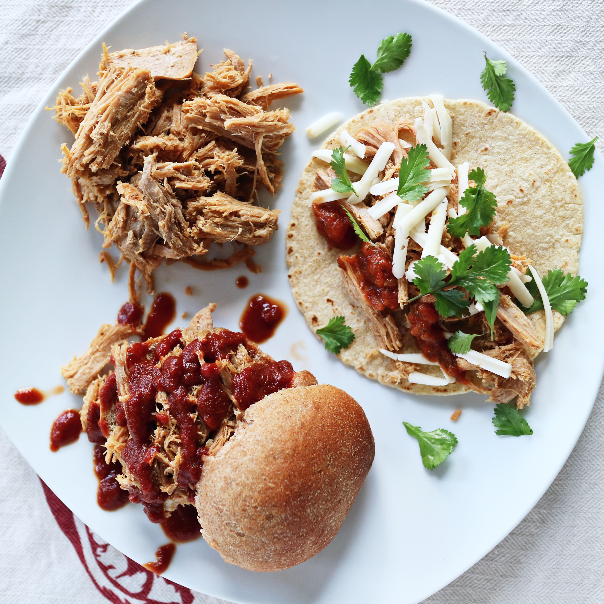 Crockpot shredded pork roast for sandwiches, tacos, and soups.