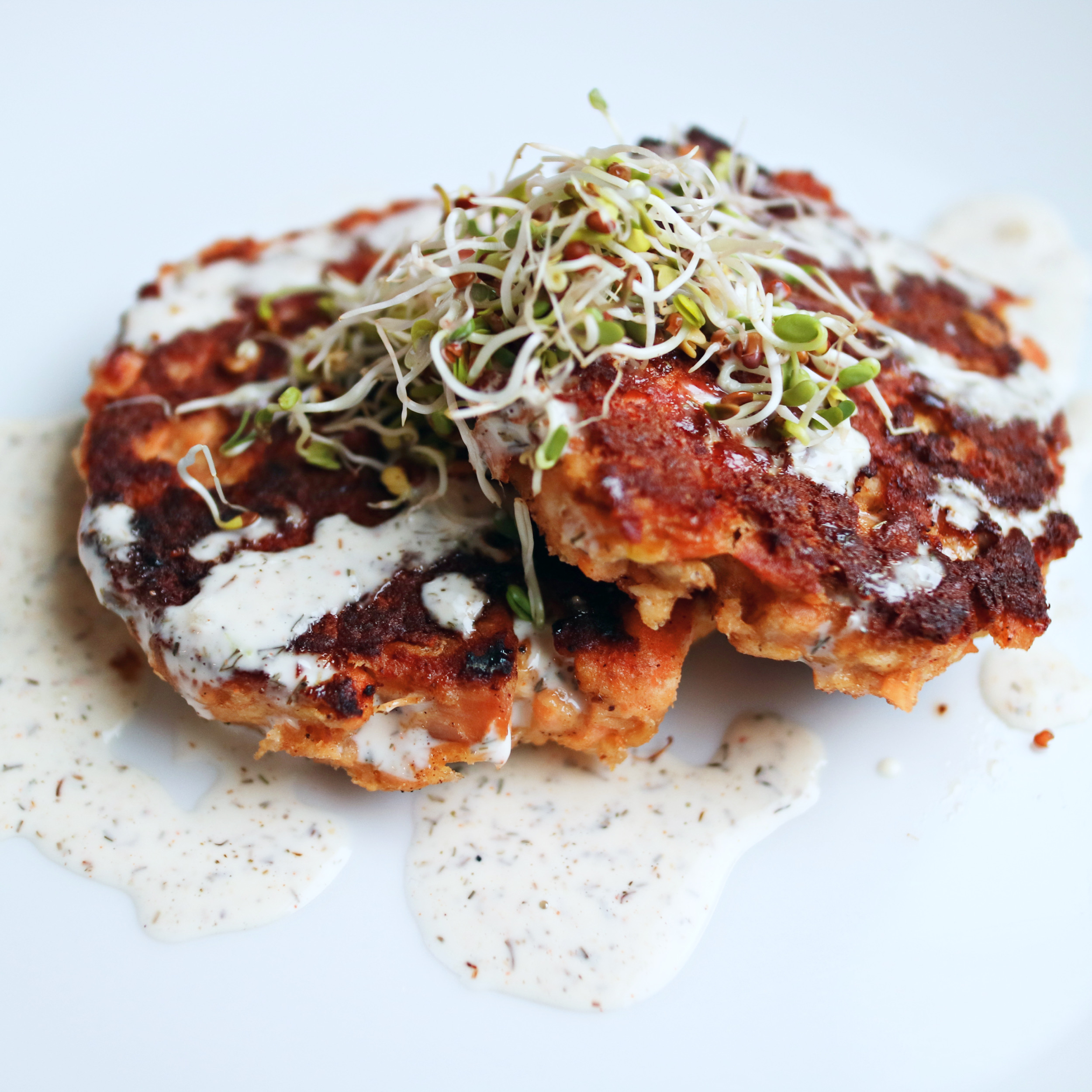 Salmon cakes with creamy dill sauce, made with canned or fresh salmon